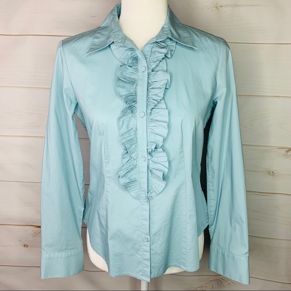 Talbots Tops - Talbots Blue Stretch Poplin Ruffles Button Down